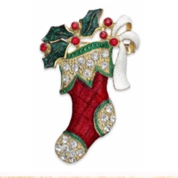MACY'S Charter Club Holiday Lane Enamel Rhinestones Christmas Stocking Brooch - Picture 5 of 8